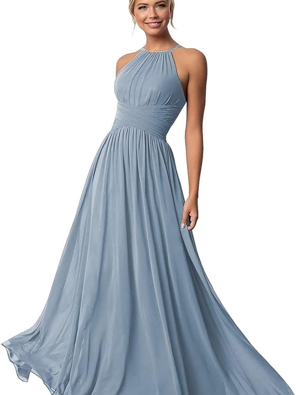 Elegant Women's Halter Evening Dress in Dusty Blue